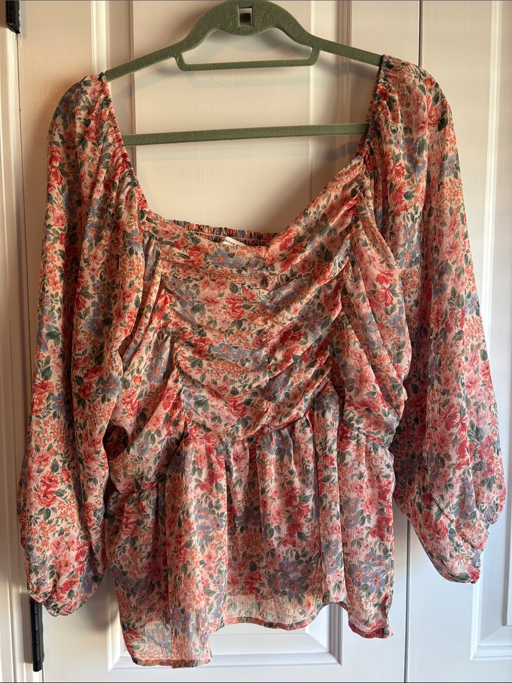 American Eagle Outfitters Floral Ruched Blouse - Pink & Green